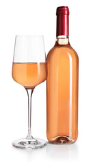 Luxurious rose wine in bottle and glass isolated on white