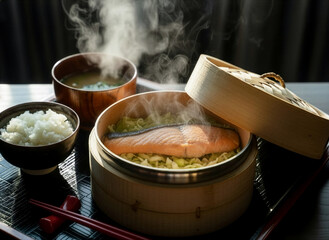 Japanese Breakfast with Steamed Salmon