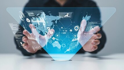 Futurist digital media interface with a world map hologram held by hands, symbolizing global network connectivity and data visualization - Powered by Adobe