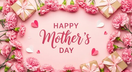 Happy Mother's Day greeting with carnations and gifts