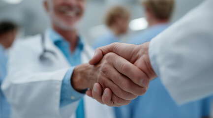 Medical professionals exchange handshake demonstrating trust and collaborative healthcare partnership in hospital.