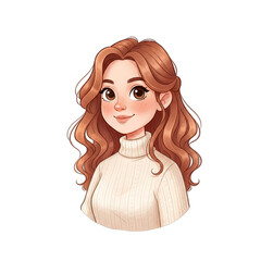 Portrait of a Young Woman with Wavy Brown Hair and Brown Eyes Wearing a Cream Turtleneck Sweater Isolated on a Transparent Background