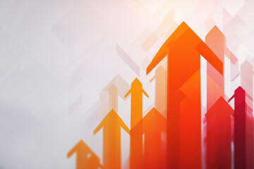 Abstract orange and red arrow shapes rising upward in geometric vector background conveying growth and progress emotion