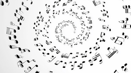 Musical notes spiral inward forming mesmerizing circular vortex pattern on white background.