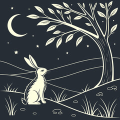 Rabbit under a tree at night with crescent moon and stars hare © Abu