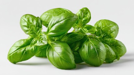 Fototapeta premium Vibrant green basil herb sprigs with a clean bright background.