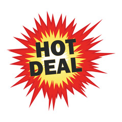 Hot deal sale promotion isolated on red and yellow burst design with text hot deal