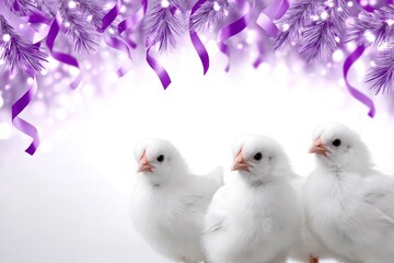 Fototapeta premium Whimsical Easter Chick Trio: A delightful trio of fluffy white chicks, nestled beneath shimmering violet decorations, embodies the fresh spirit of spring and holiday joy.