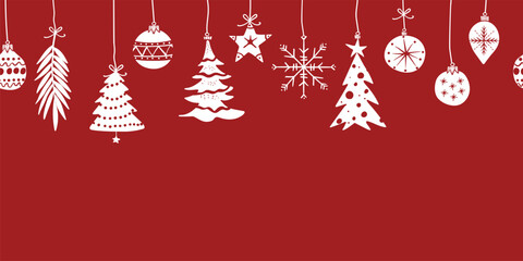 Christmas border seamless pattern with cute festive decorations on a plain red background with copy-space for text.