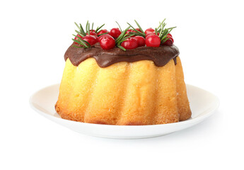 Delicious Christmas cake with chocolate glaze, cranberries and rosemary isolated on white