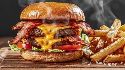 Juicy double bacon cheeseburger with melted cheddar cheese and crispy french fries on a wooden board, perfect for a fast food advertisement animated 4k video