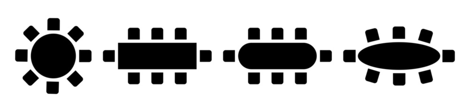 Cafe or restaurant seats arrangement plan. Table and chairs silhouettes isolated on white background. Event, party, meeting or business training seatings scheme top view. Vector graphic illustration