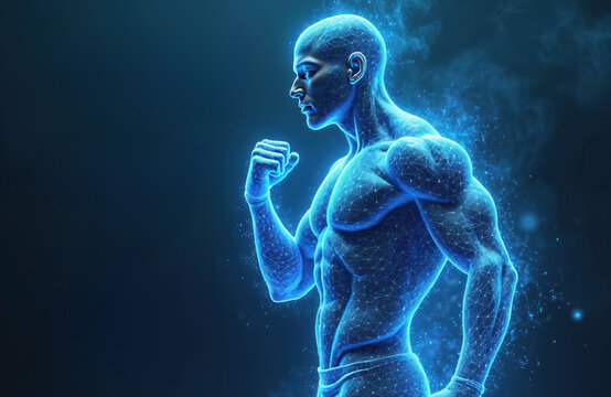 Digital illustration of human body as wireframe with muscles in blue. Athlete person shows strength. Man flexing arm displays power health wellness.