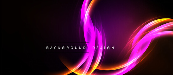 Abstract vibrant lines flow across dark background. Bright pink, orange hues create dynamic visual effect. Modern design element.