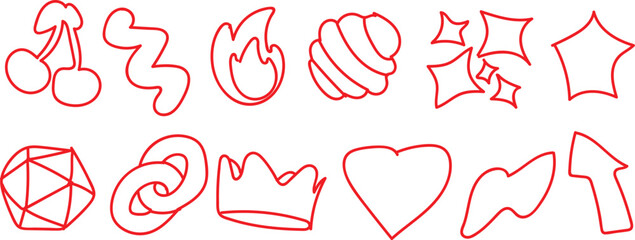 sphere with neon gradient isolated on black background.   Collection of red neon icons and symbols on black background.  A collection of various red neon icons and symbols arranged in two rows against