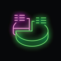 Neon pie chart icon glowing on dark background representing concept of market analysis
