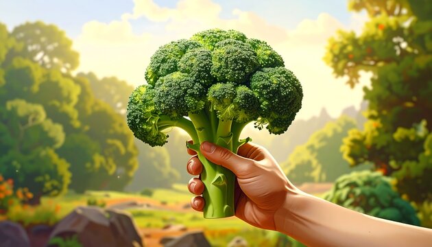 A person's hand brightly presents a large, fresh head of broccoli against a sunlit, verdant background, promoting healthy eating