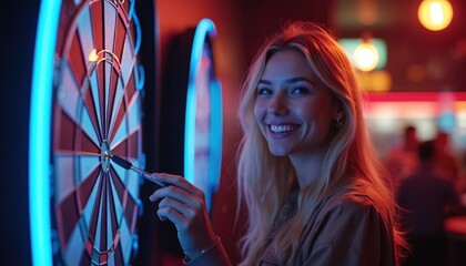 Blonde woman throws darts in a neon-lit bar. Smiling female plays competitive game in pub with friends. Girl enjoys nightlife leisure activity near dartboard. Entertainment at social gathering.