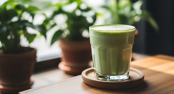 A refreshing glass of vibrant green matcha tea placed on a wooden coaster, bathed in warm sunlight