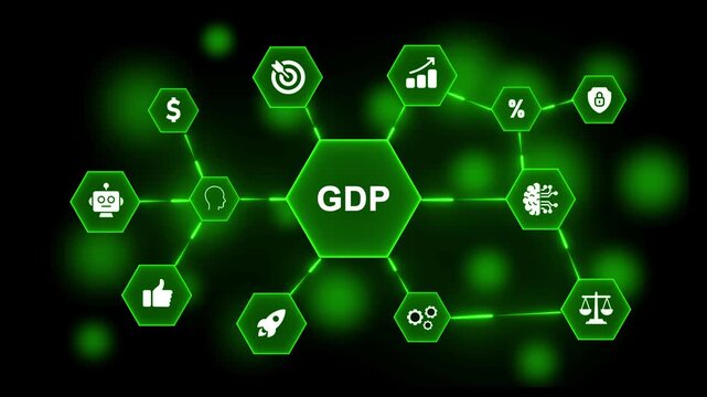 GDP concept diagram with interconnected hexagonal icons glowing green on a dark background Gross Domestic Product
