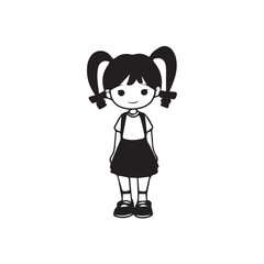 Beautiful Kawaii Girl Black and White Vector Illustration in Cute Simple Line Art Style