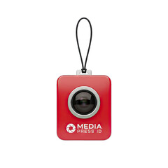 Red Camera Shaped Keychain With Media Press ID Logo And Silver Lens Isolated On Black Background Studio Shot Vivid Color Macro Photography