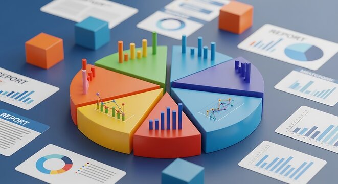 Colorful pie chart with bar graph segments and cubes surrounded by financial report papers and charts, representing data analysis