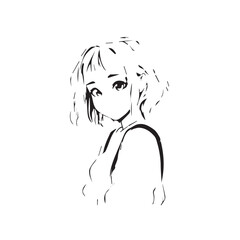 Beautiful Kawaii Girl Black and White Vector Illustration in Cute Simple Line Art Style
