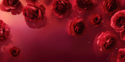 Lush red rose petals floating on deep red and pink gradient background with water droplets, romantic floral scene conveying elegance and gentle emotion