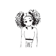Beautiful Kawaii Girl Black and White Vector Illustration in Cute Simple Line Art Style