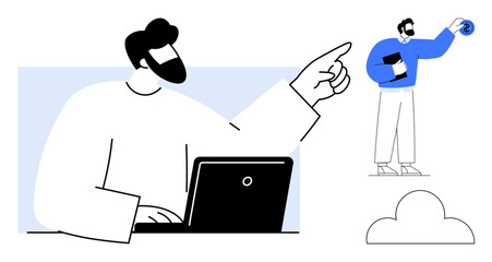 Man working on a laptop gesturing to another person holding a swirl, highlighting collaboration, innovation, team dynamics, and cloud technology. Ideal for teamwork, creativity, growth