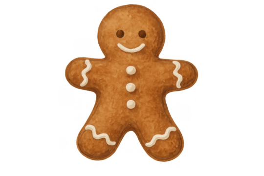 Smiling gingerbread man cookie with white icing details, a traditional christmas holiday treat, sweet baked dessert