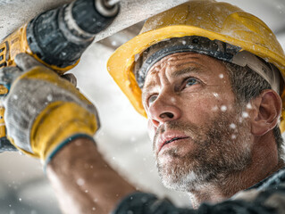 Focused construction worker wearing a yellow hard hat and protective gloves using a power drill while working on a building site surrounded by dust particles