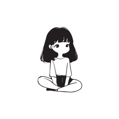Beautiful Kawaii Girl Black and White Vector Illustration in Cute Simple Line Art Style
