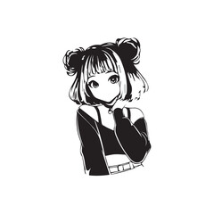 Beautiful Kawaii Girl Black and White Vector Illustration in Cute Simple Line Art Style