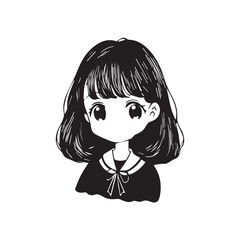 Beautiful Kawaii Girl Black and White Vector Illustration in Cute Simple Line Art Style