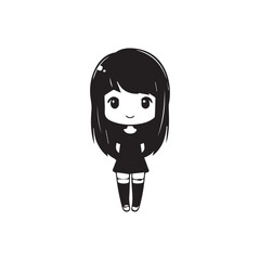 Beautiful Kawaii Girl Black and White Vector Illustration in Cute Simple Line Art Style