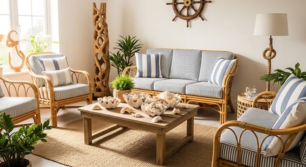 Nautical Themed Living Room with Rattan Furniture and Striped Cushions stock