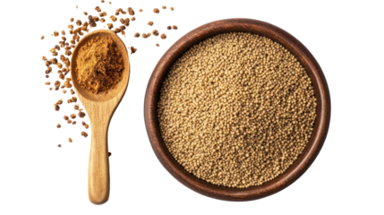 Whole bajra grains with bajra powder overhead side by side on transparent background