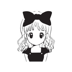 Beautiful Kawaii Girl Black and White Vector Illustration in Cute Simple Line Art Style