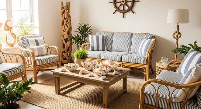 Nautical Themed Living Room with Rattan Furniture and Striped Cushions stock