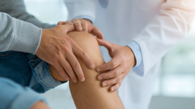 Doctor examining a patient?s knee joint in a medical consultation for injury assessment and personalized treatment advice in a clinical setting