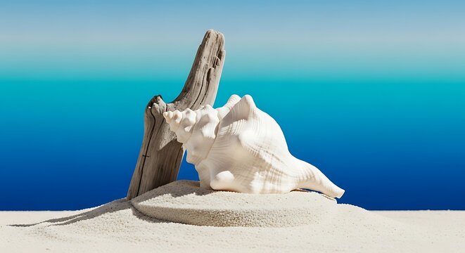 Seashell and Driftwood on Sandy Beach with Ocean Backdrop conch shell