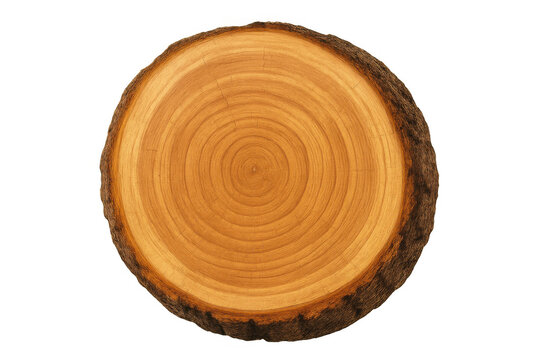 Tree trunk cross section showing annual growth rings and natural bark texture, wood pattern on transparent background - Powered by Adobe