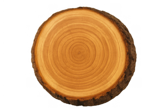 Tree trunk cross section showing annual growth rings and natural bark texture, wood pattern on transparent background
