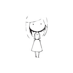 Beautiful Kawaii Girl Black and White Vector Illustration in Cute Simple Line Art Style