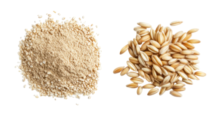 Two piles of wheat grain and flour isolated on transparent background