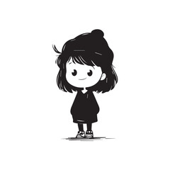Beautiful Kawaii Girl Black and White Vector Illustration in Cute Simple Line Art Style