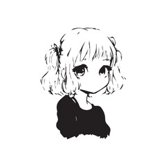 Beautiful Kawaii Girl Black and White Vector Illustration in Cute Simple Line Art Style