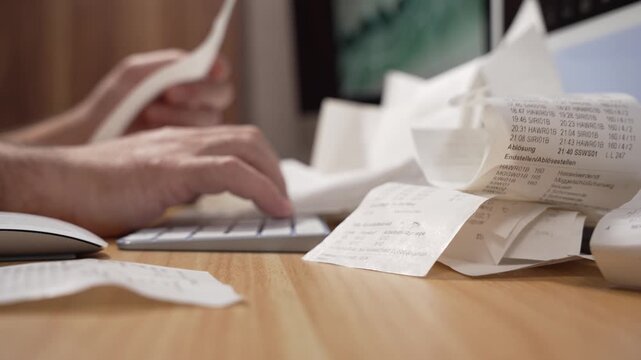 A man holds receipts above the keyboard while entering numbers on a computer in this clip. The video captures manual expense logging and tax preparation.